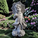 Statue garçon au Parapluie et panier de fleurs