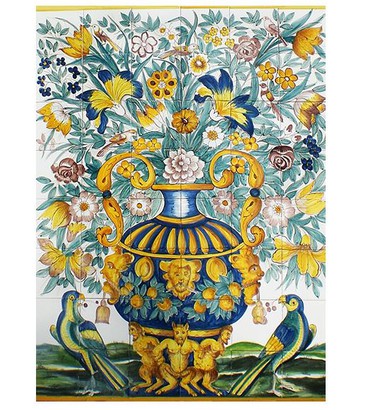 Fresque murale en céramique Bouquet de fleurs avec perroquets et  vase décoré de satyres-FL140
