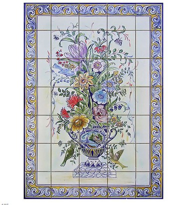 Fresque murale en céramique bouquet de fleurs et petits oiseaux-FL145