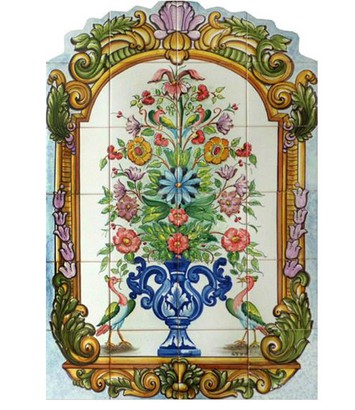 Fresque murale en céramique bouquet de fleurs et paons-FL146
