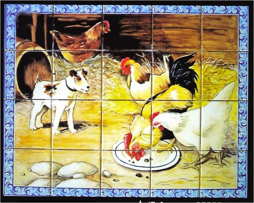 Fresque murale en céramique chien et poules-DR 865.