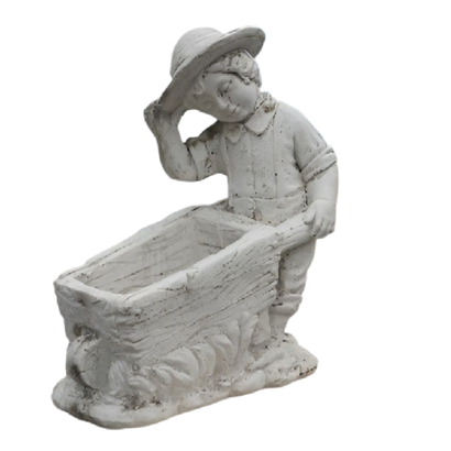 statue en pierre  petit garçon et sa brouette
