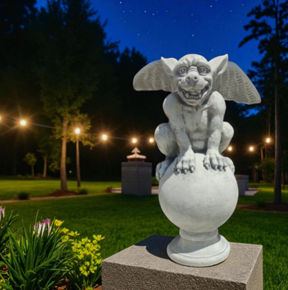 statue en pierre gargouille sur boule