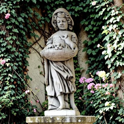 statue fillette et son panier de chiots