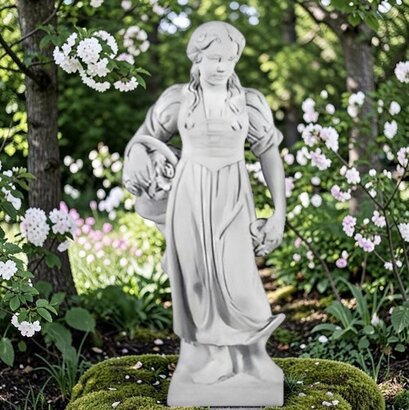 Statue en pierre fille au panier de fleurs saison printemps