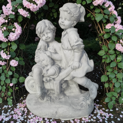 STATUE ENFANTS SUR UNE BROUETTE