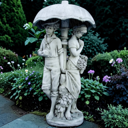 Statue de jardin en pierre Amoureux Sous Parapluie
