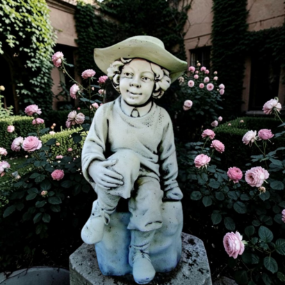 STATUE GARCON ASSIS AU CHAPEAU