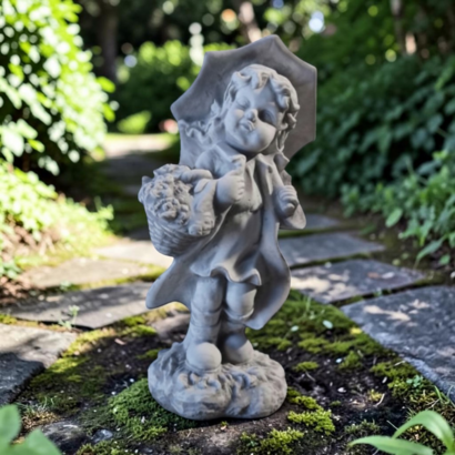 Statue Fillette au Parapluie et panier de fleurs