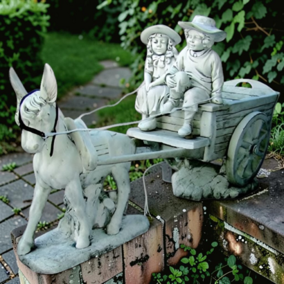 STATUE ENFANTS AUX CHAPEAUX SUR CHARRETTE AVEC ANE