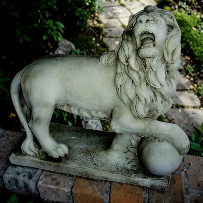 Statue Lion Tenant une Boule sous la Patte Droite